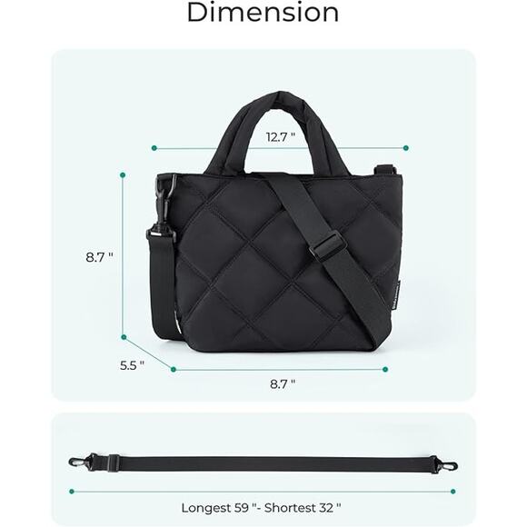 Black Quilted Mini Tote Bag Adjustable Crossbody Strap – Lightweight & Stylish - Picture 2 of 6